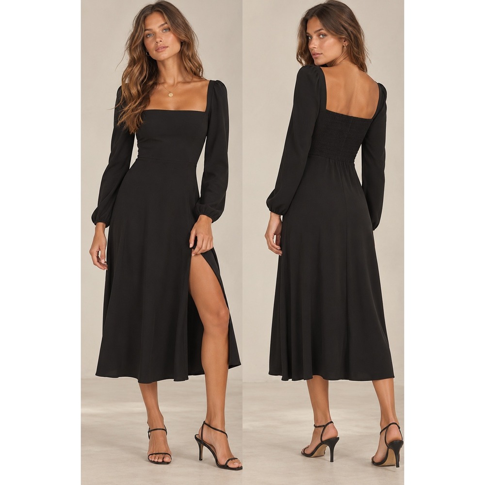 Reformation Sigmund Dress 8 Black Square Neck Long Sleeve Slit Midi Classic Chic